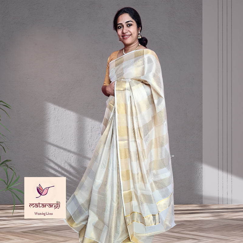 Matarangi Handloom Tissue Kerala Set Saree Striped Checks