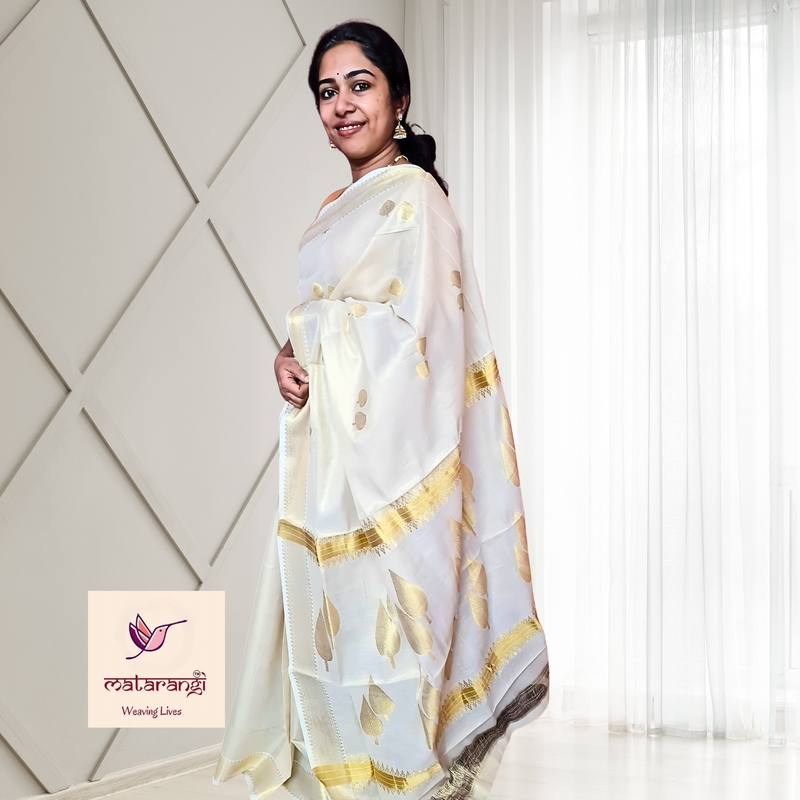 Matarangi Handloom Tissue Kerala Set Saree Leaf Design