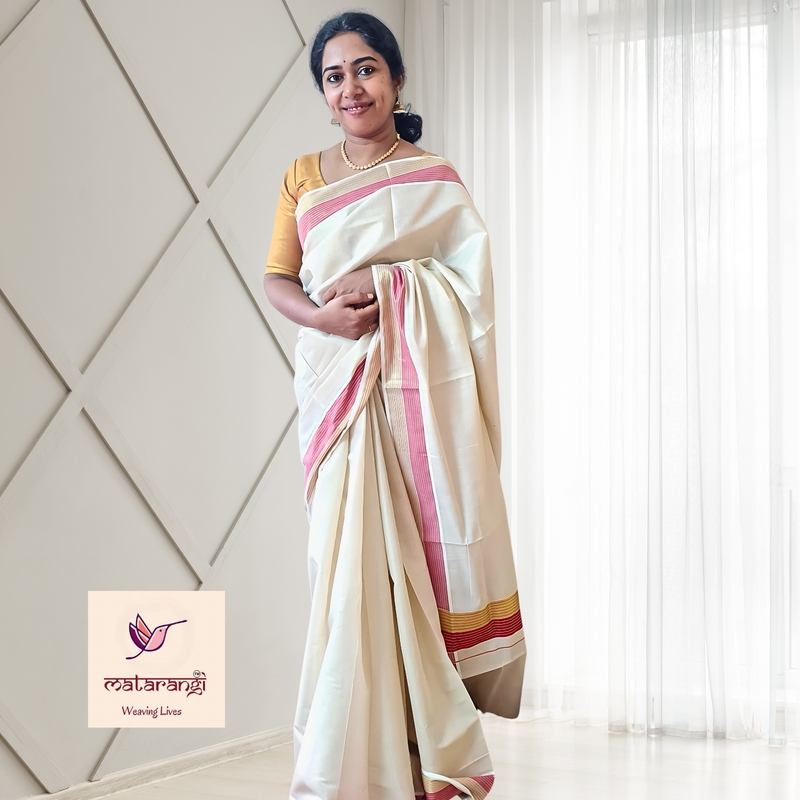 Matarangi Striped Border Handloom Tissue Kerala Set Saree