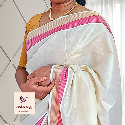 Matarangi Striped Border Handloom Tissue Kerala Set Saree