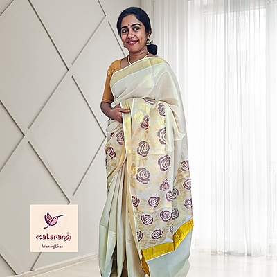 Matarangi Handloom Tissue Floral Embroidered Kerala Set Saree