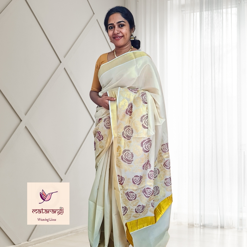Matarangi Handloom Tissue Floral Embroidered Kerala Set Saree Matarangi Handloom Tissue Floral Embroidered Kerala Set Saree