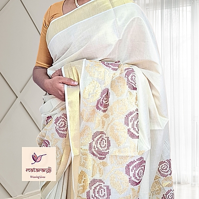 Matarangi Handloom Tissue Floral Embroidered Kerala Set Saree Matarangi Handloom Tissue Floral Embroidered Kerala Set Saree