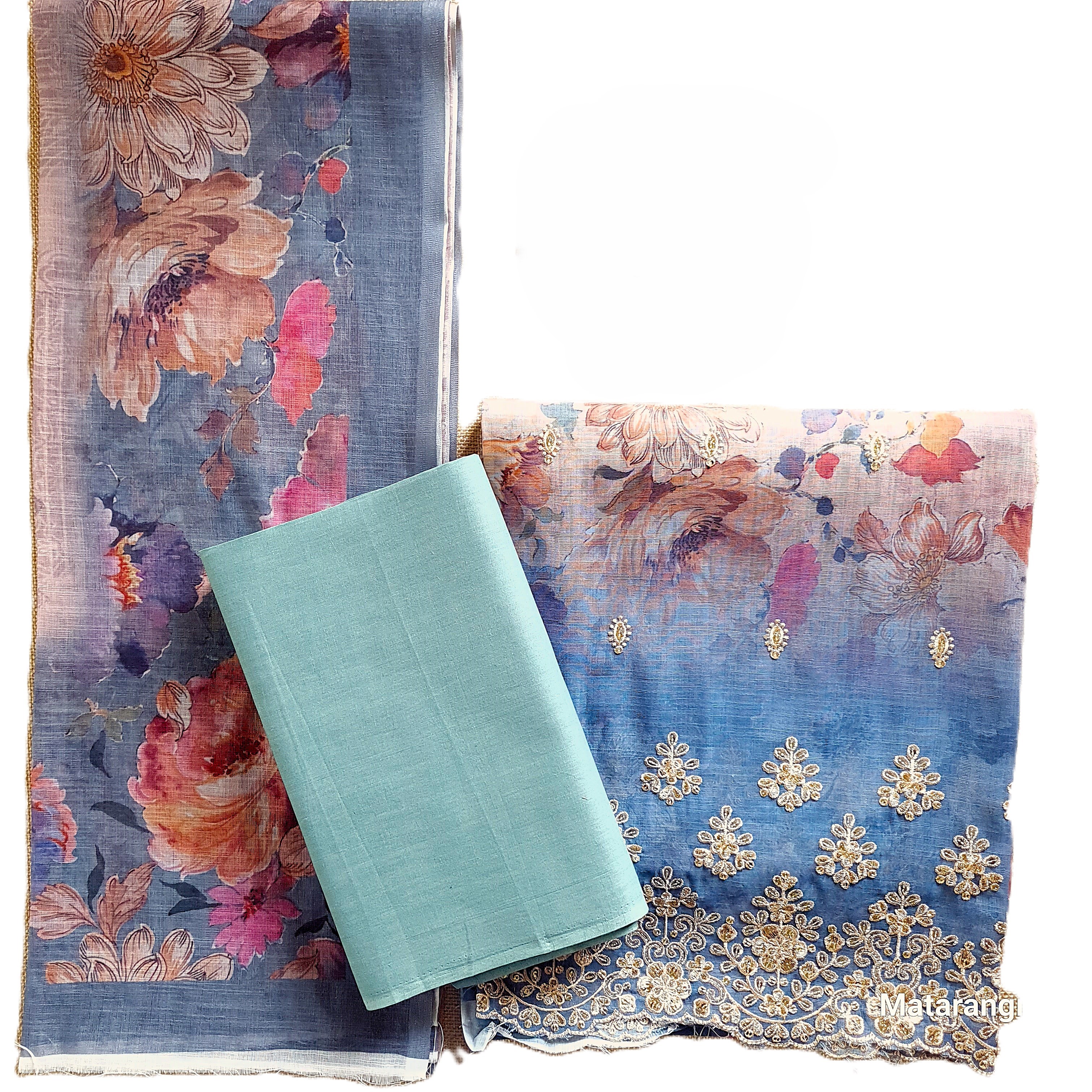 Matarangi Teal Blue Linen Silk Salwar Material