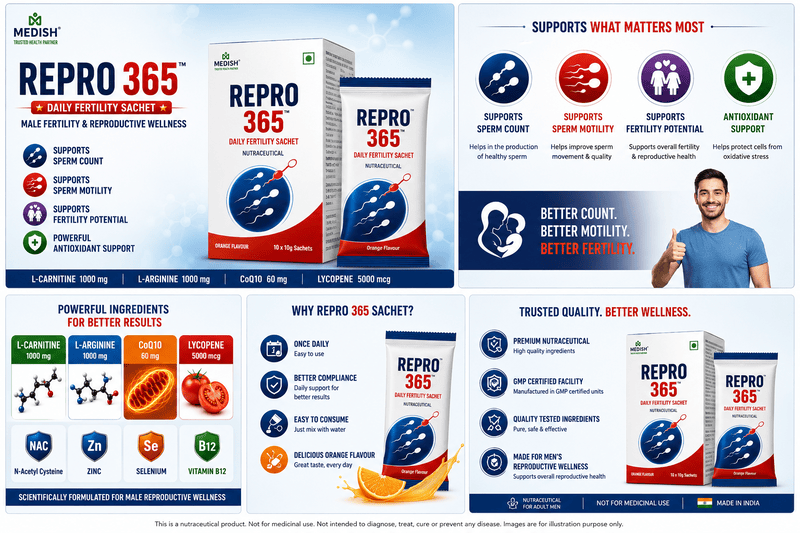 Medish Repro 365 Daily Fertility Sachet for Men | L-Carnitine L-Arginine CoQ10 Lycopene
