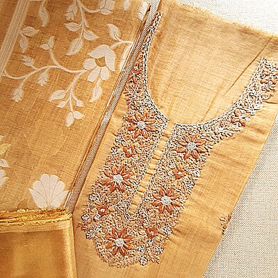 Matarangi Beige Khadi Silk Cotton Jamdani Chaappa Work Salwar Material