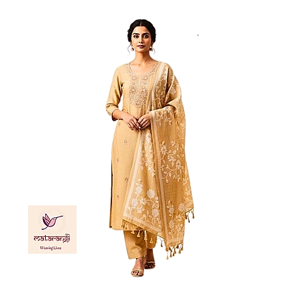 Matarangi Beige Khadi Silk Cotton Jamdani Chaappa Work Salwar Material