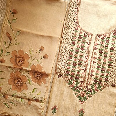 Matarangi Beige Silk French Knot Bullion Silk Salwar Material