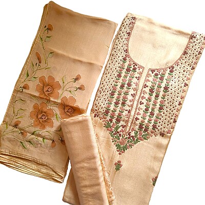 Matarangi Beige Silk French Knot Bullion Silk Salwar Material