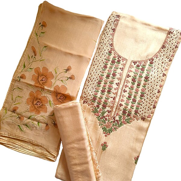 Matarangi Beige Silk French Knot Bullion Silk Salwar Material