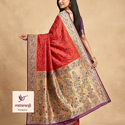 Matarangi Brick Red Chinon Crepe Silk Meena Jaal Saree