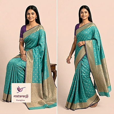 Matarangi Turquoise Blue Kaddi Jute Banarasi Saree