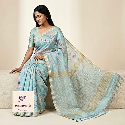 Matarangi Blue Printed Tussar Floral Saree