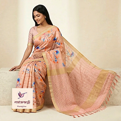 Matarangi Pastel Brown Printed Tussar Floral Saree