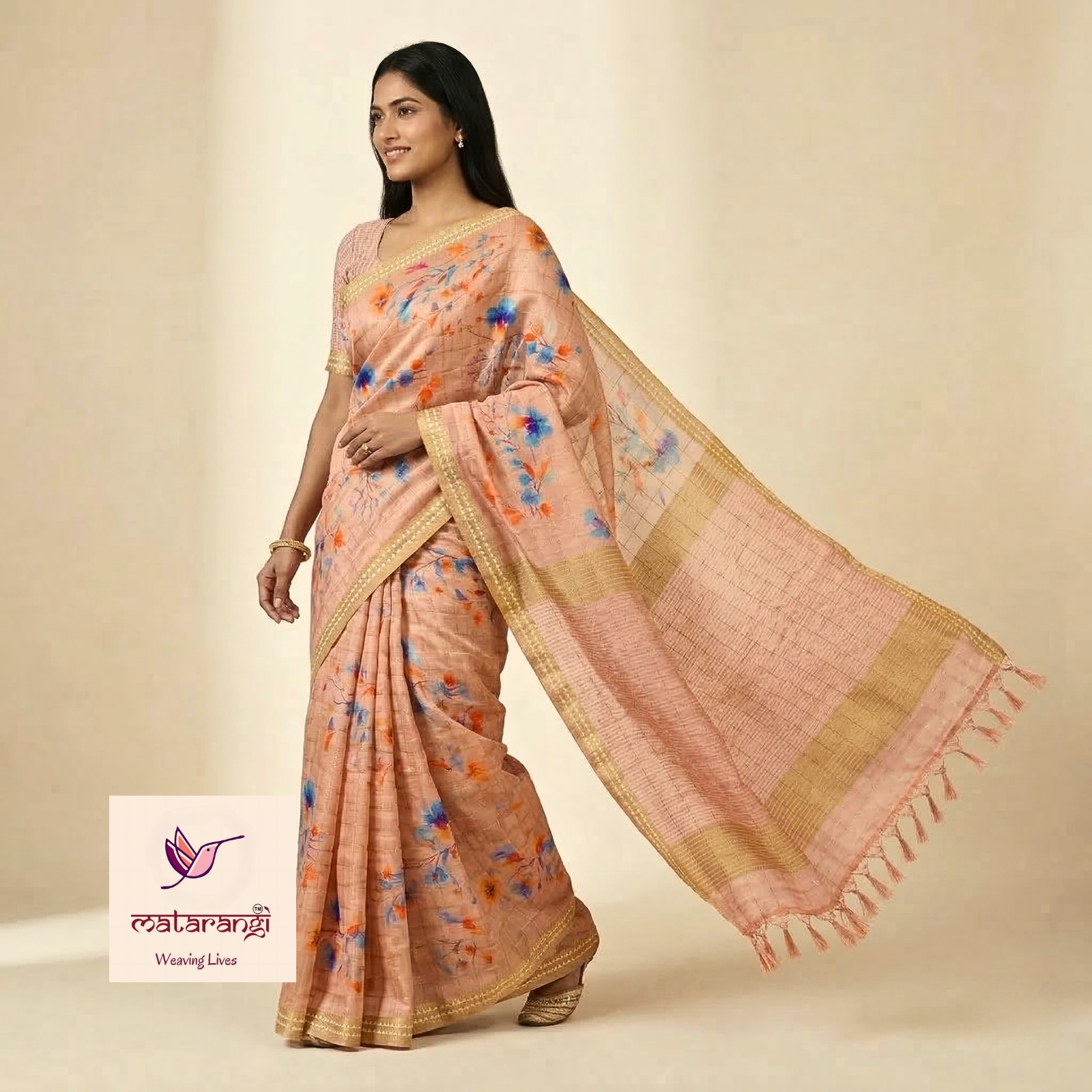 Matarangi Pastel Brown Printed Tussar Floral Saree