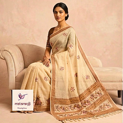 Matarangi Cream Linen Silk Handwork Saree