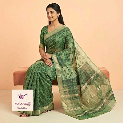 Matarangi Light Green Chanderi Silk HB Printed Woven Saree