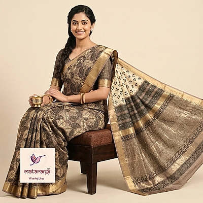 Matarangi Black Chanderi Silk HB Printed Woven Saree