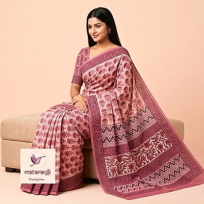 Matarangi Dark Pink Modal Silk HB Print Cotton Saree