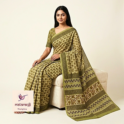 Matarangi Green Modal Silk HB Print Cotton Saree