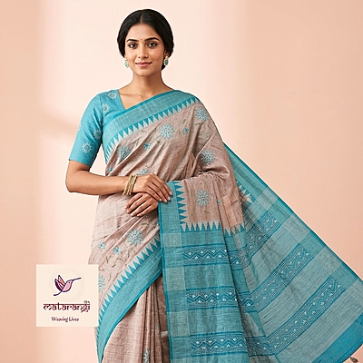 Matarangi Blue Soft Tussar Kantha Saree