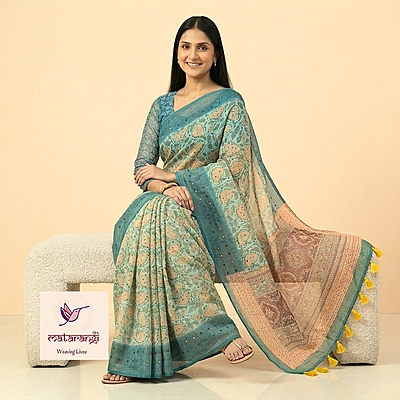 Matarangi Teal Blue Chanderi French Knot Saree