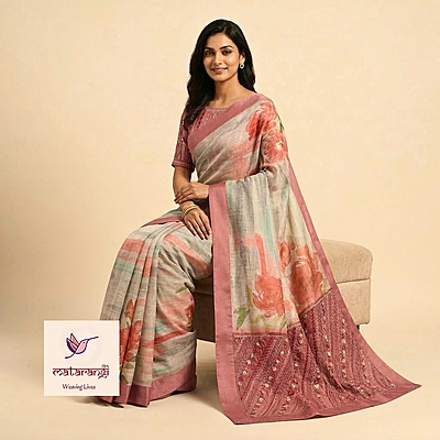 Matarangi Mauve Printed Linen Silk Handwork Saree