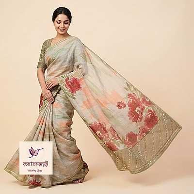 Matarangi Green Printed Linen Silk Handwork Saree