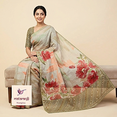 Matarangi Green Printed Linen Silk Handwork Saree