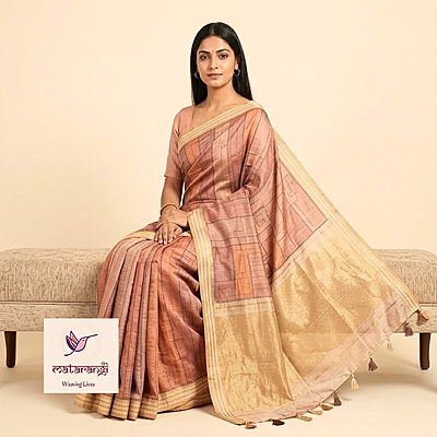 Matarangi Pastel Brown Tussar Silk Kantha Work Saree