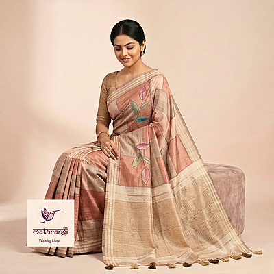 Matarangi Brown Tussar Silk Kantha Work Saree