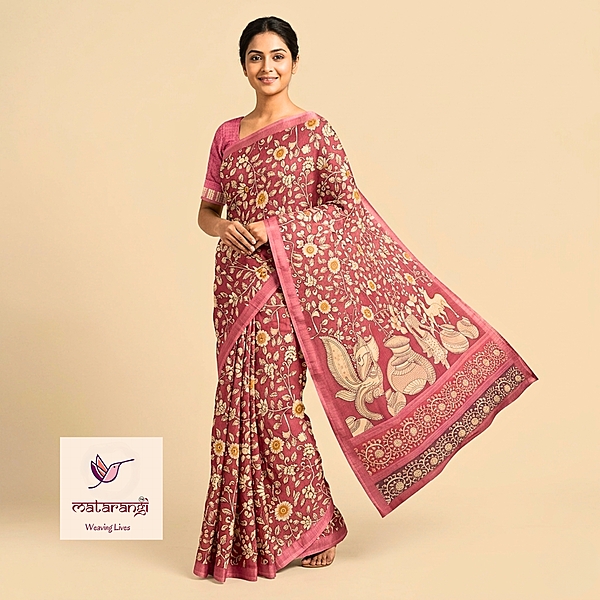 Matarangi Burgundy Soft Tussar Silk Kalamkari Print Saree