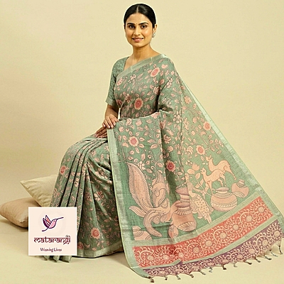 Matarangi Green Soft Tussar Silk Kalamkari Print Saree