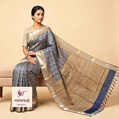 Matarangi Blue Printed Tussar Floral Saree