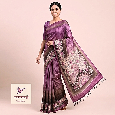 Printed Cream Tussar Kalamkari Saree