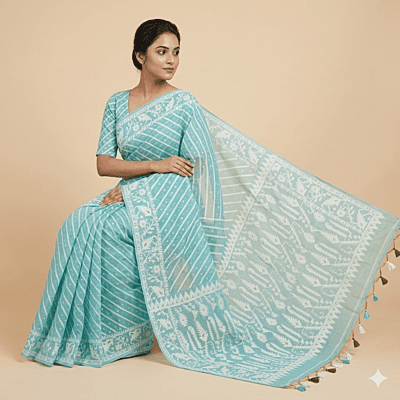 Matarangi Sage Blue Jamadani Lehariya Saree