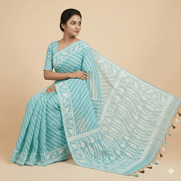 Matarangi Sage Blue Jamadani Lehariya Saree
