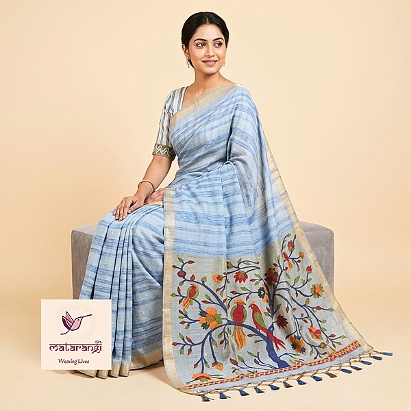 Matarangi Blue Bamboo Tussar Paithani Work Saree