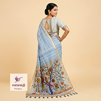 Matarangi Blue Bamboo Tussar Paithani Work Saree