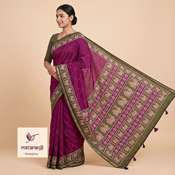 Matarangi Magenta Kantha Kashmiri Chanderi Saree