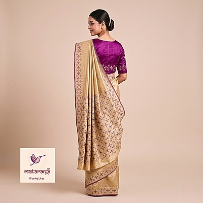Cream & Blue Pure Tussar Embroidery Saree Cream & Blue Pure Tussar Embroidery Saree