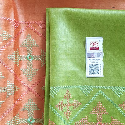 Orange & Green Pure Tussar Embroidery Saree Orange & Green Pure Tussar Embroidery Saree