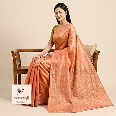 Orange & Green Pure Tussar Embroidery Saree Orange & Green Pure Tussar Embroidery Saree