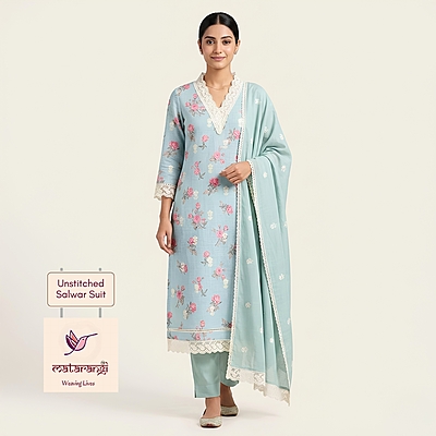 Matarangi Pastel Blue Floral Embroidered Linen Salwar Material