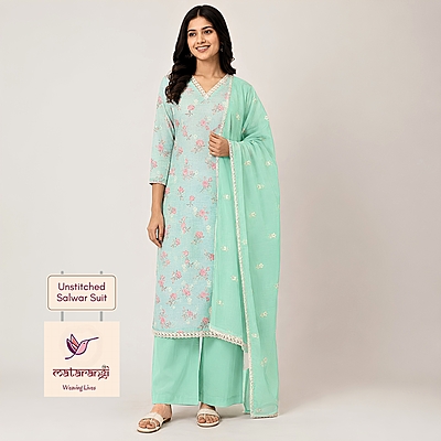 Matarangi Acqa Green Floral Embroidered Linen Salwar Material