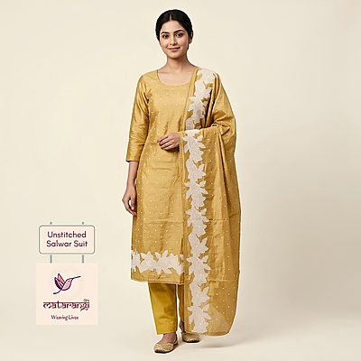 Matarangi Yellow Mul Chanderi Applique Work Salwar Material