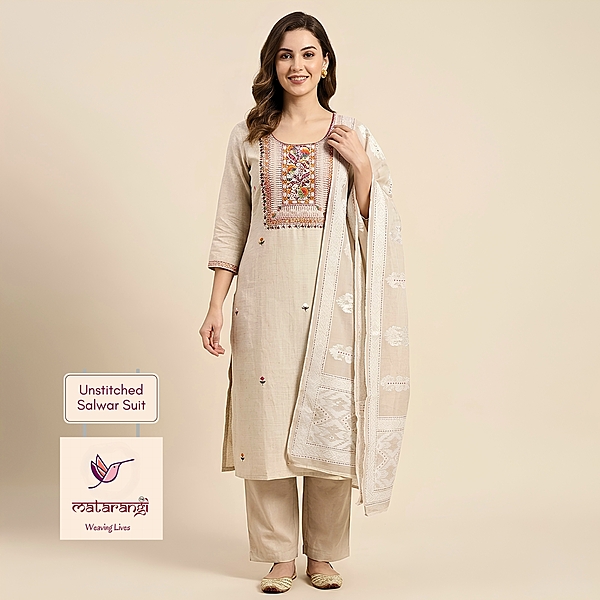 Matarangi Cream Silk Cotton Hand Work Salwar Material Matarangi Cream Silk Cotton Hand Work Salwar Material