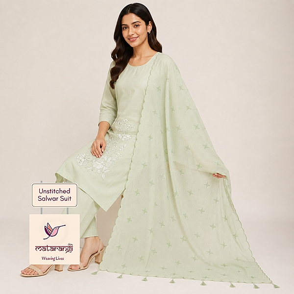 Matarangi Green Munga Chanderi Silk Applique Salwar Material Matarangi Green Munga Chanderi Silk Applique Salwar Material