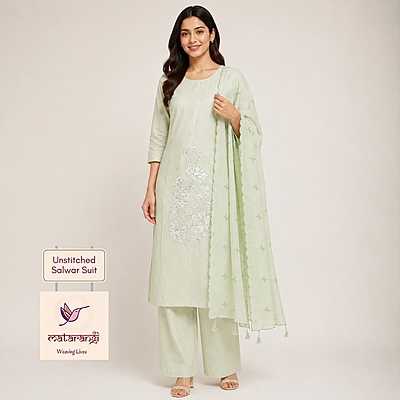 Matarangi Green Munga Chanderi Silk Applique Salwar Material Matarangi Green Munga Chanderi Silk Applique Salwar Material