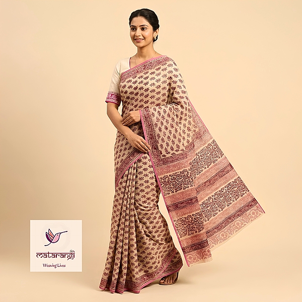 Matarangi Cream & Mauve Kota HB Print Saree Matarangi Cream & Mauve Kota HB Print Saree